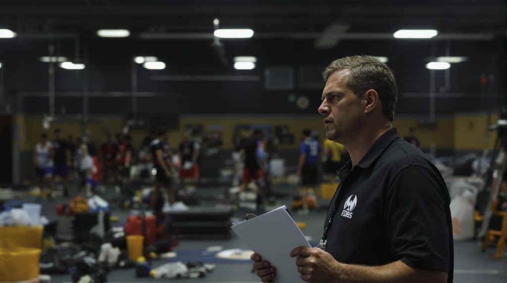Coach with clipboard observing basketball players.