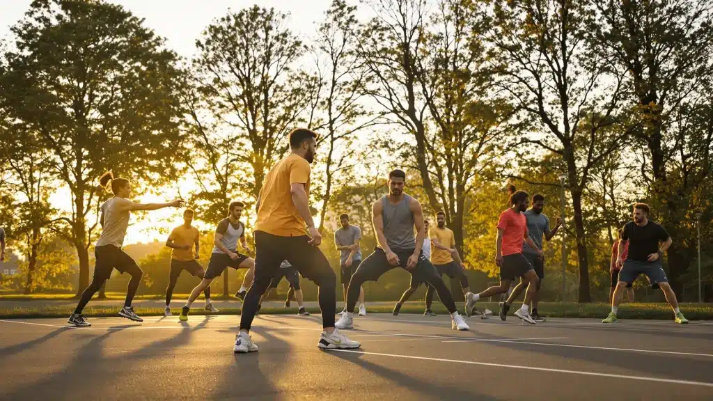 Groupe d'hommes jouant au basketball en plein air.