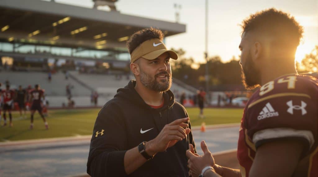 Football coach talking to player on the field.