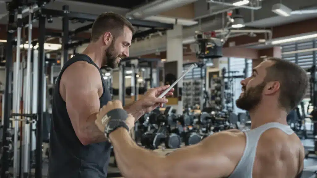Deux hommes discutent dans une salle de sport.