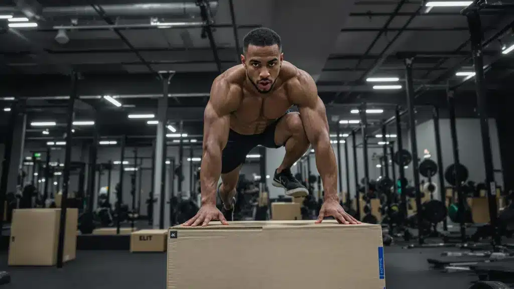 Homme musclé sautant sur une boîte en gymnase.