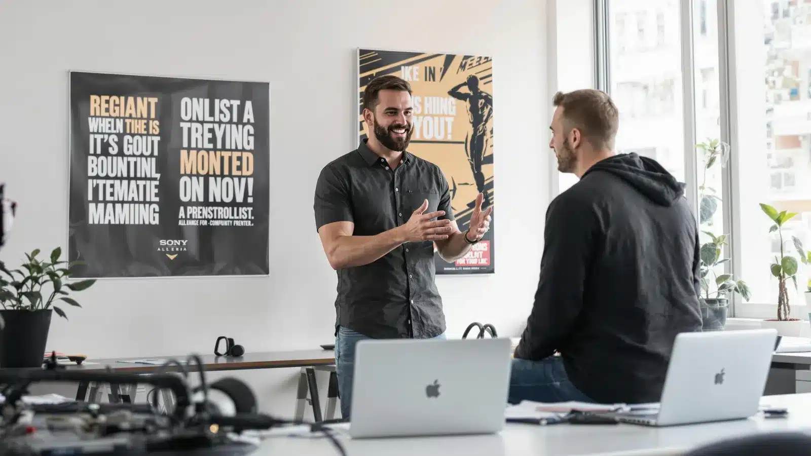 Deux hommes discutent dans un bureau moderne.