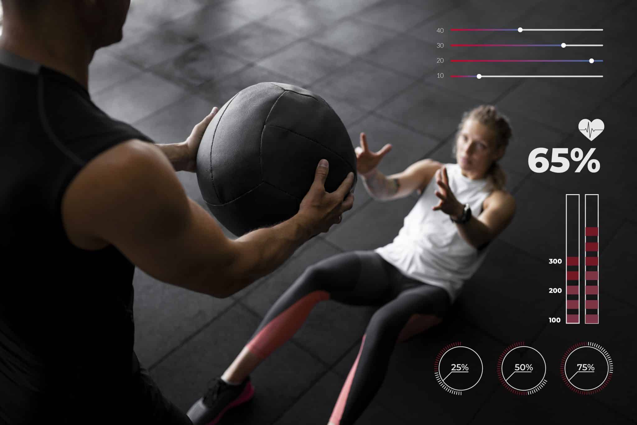 Entraînement physique avec médecine-ball en salle de sport.
