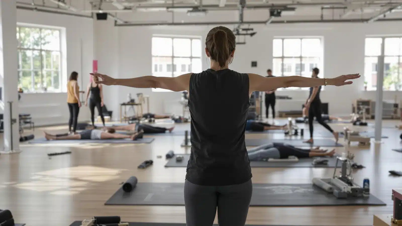Cours de yoga en groupe, salle lumineuse.