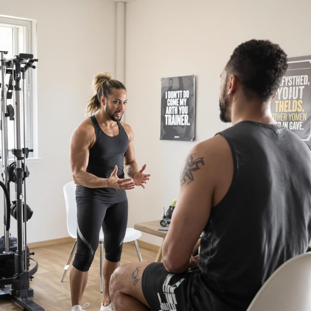 Deux personnes discutant dans une salle de sport.