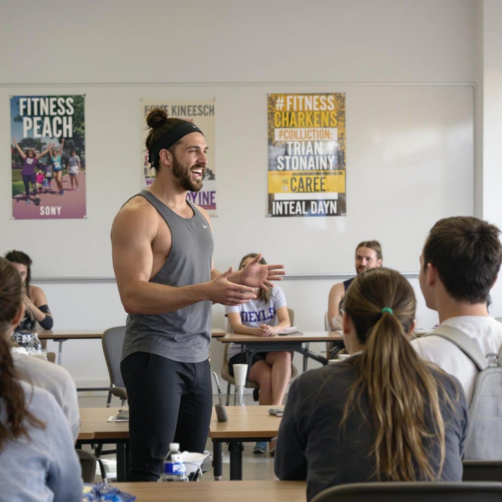Homme parlant à un groupe en salle de sport.