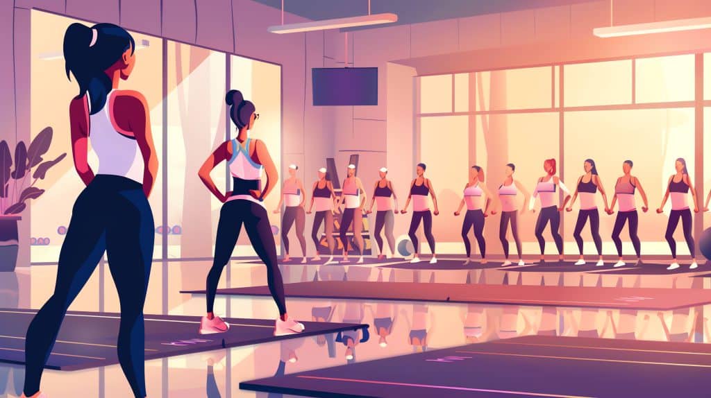 Cours de fitness collectif en salle lumineuse.